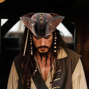 Leather Pirate Tricorn Hat with Skull Emblem - Brown