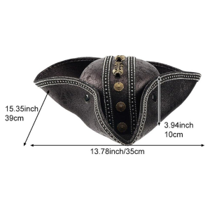 Leather Pirate Tricorn Hat with Skull Emblem - Black