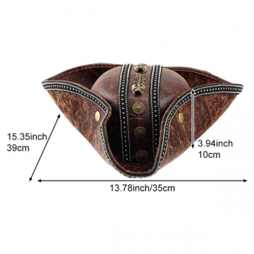 Leather Pirate Tricorn Hat with Skull Emblem - Brown