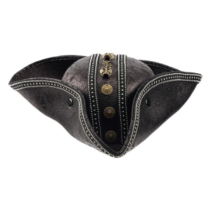 Leather Pirate Tricorn Hat with Skull Emblem - Black