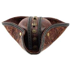 Leather Pirate Tricorn Hat with Skull Emblem - Brown