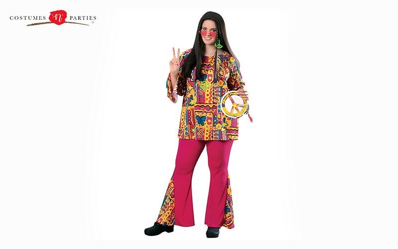 Costumes N Parties woman in a colorful 70s hippie costume.