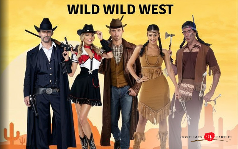 Group dressed in Wild West cowboy and Native American costumes.